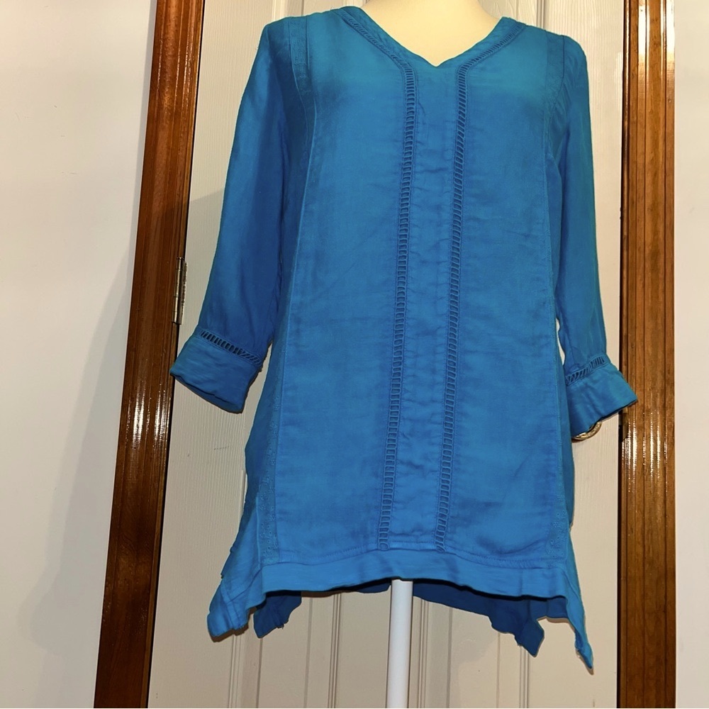 Soft Surroundings Leonie 100% Linen Tunic Top in Caribbean Turquoise Boho